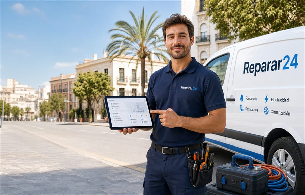 Tecnico de Reparar24 con tablet junto a furgoneta de servicio para guías tecnicas