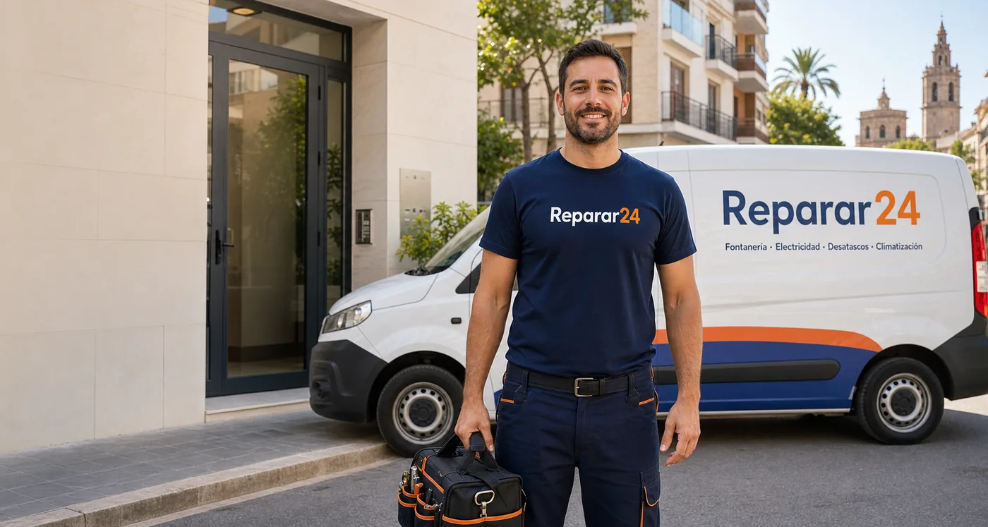 Tecnico de Reparar24 con vehiculo rotulado para servicios en Barcelona